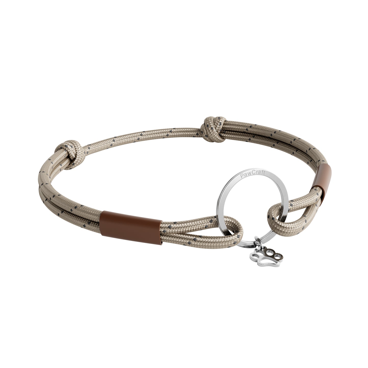 TagHug Reflective Beige ID tag holder on pet collar. Reflective handmade accessory for dogs and cats.