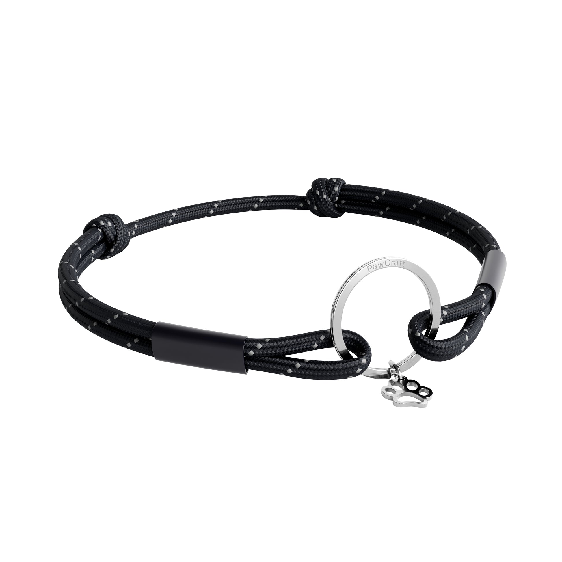 TagHug Reflective Black ID tag holder on pet collar. Reflective handmade accessory for dogs and cats.