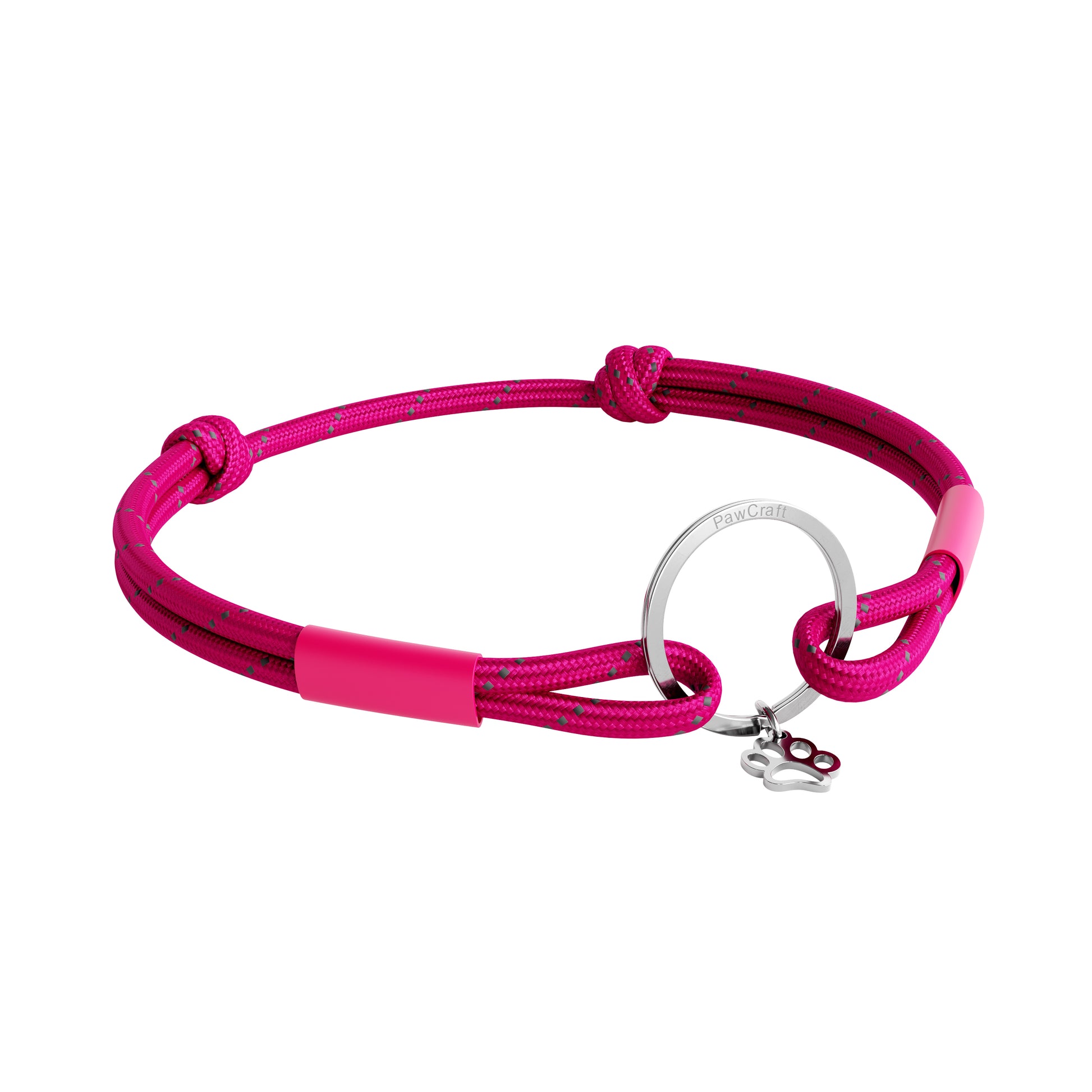 TagHug Reflective Fuchsia ID tag holder on pet collar. Reflective handmade accessory for dogs and cats.