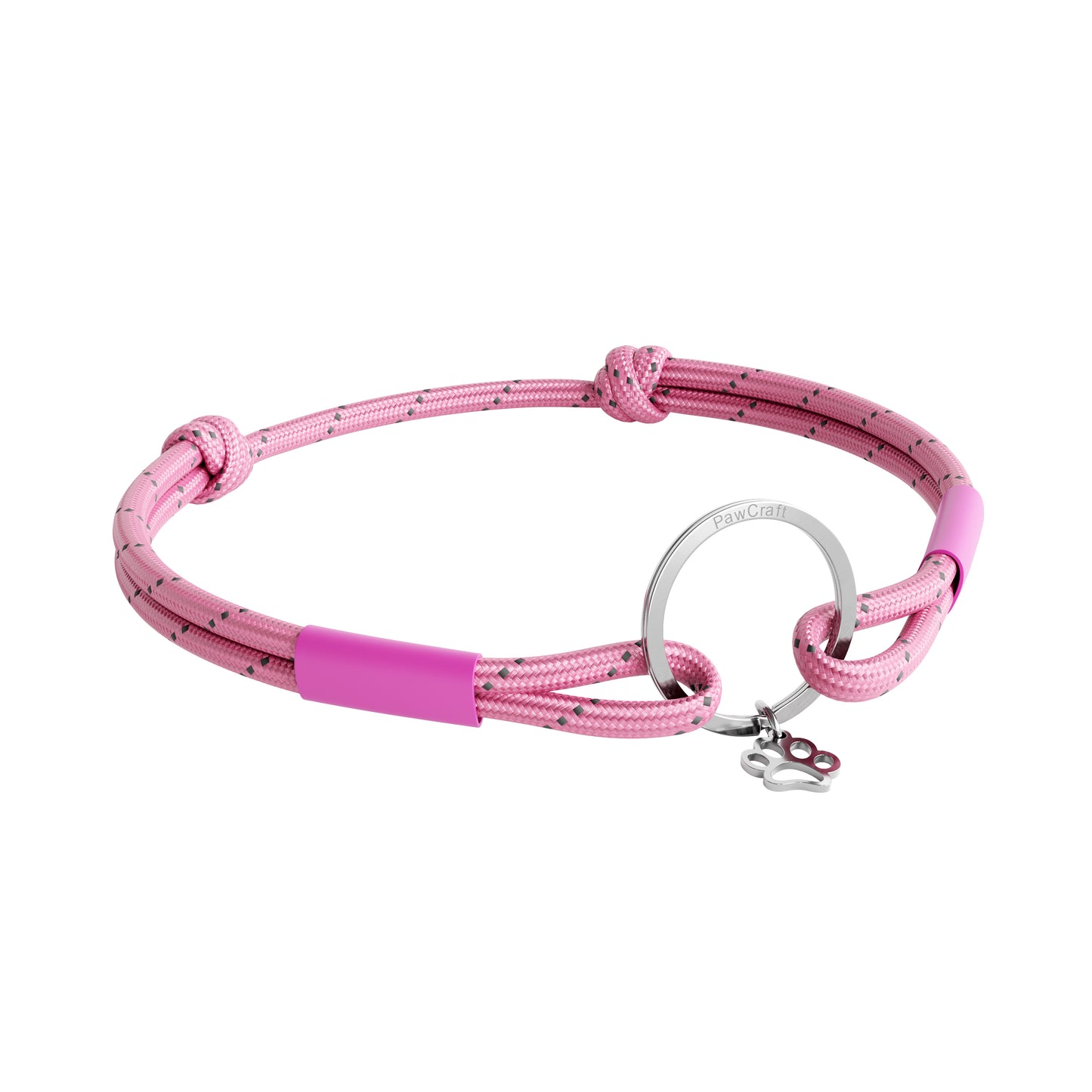 TagHug Reflective Pink ID tag holder on dog or cat collar. Reflective handmade pet accessory.