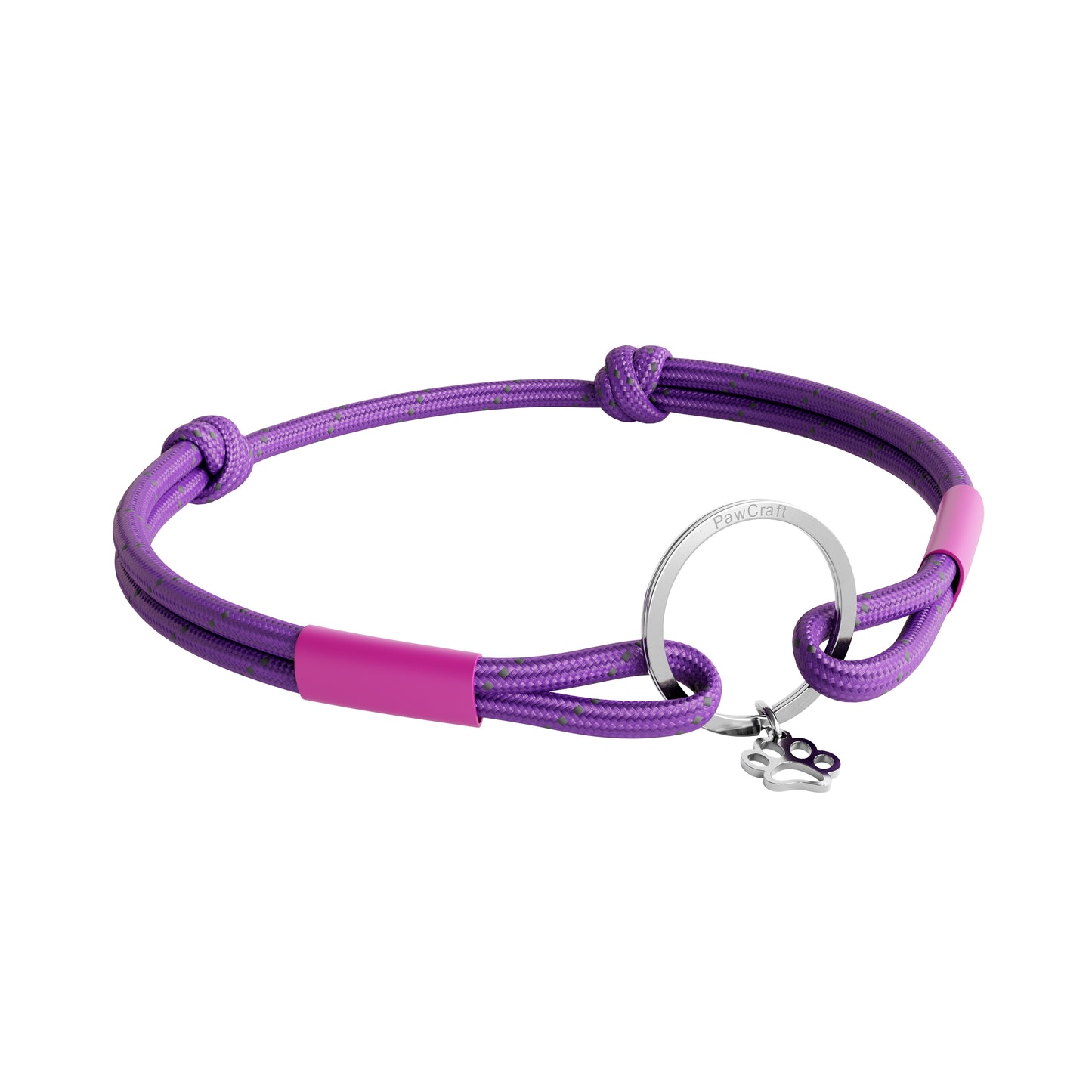 TagHug Reflective Purple ID tag holder on cat or dog collar. Reflective handmade pet accessory.