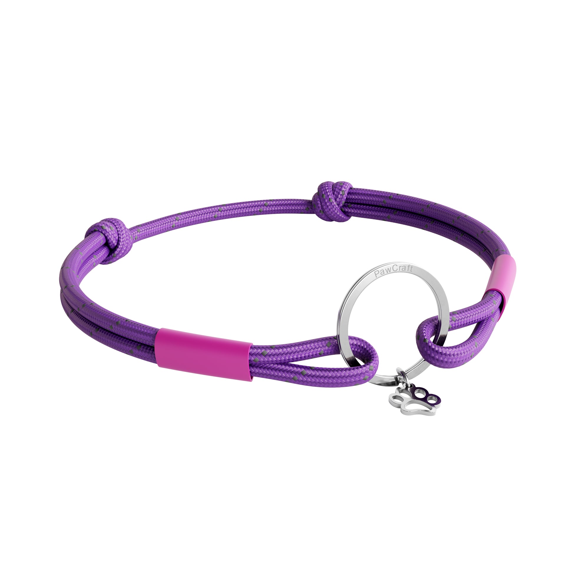 TagHug Reflective Purple ID tag holder on cat or dog collar. Reflective handmade pet accessory.