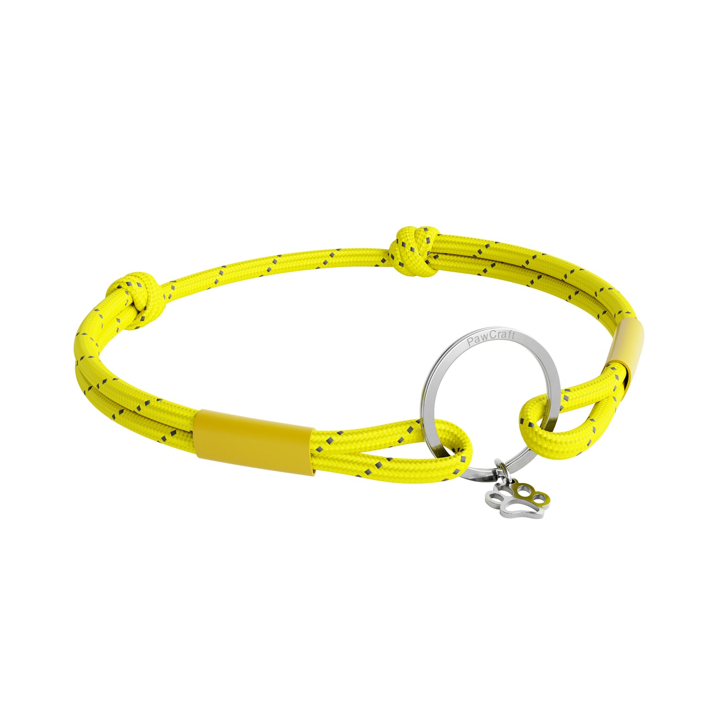 TagHug Reflective Yellow ID tag holder on pet collar. Bright reflective handmade accessory for dogs and cats.