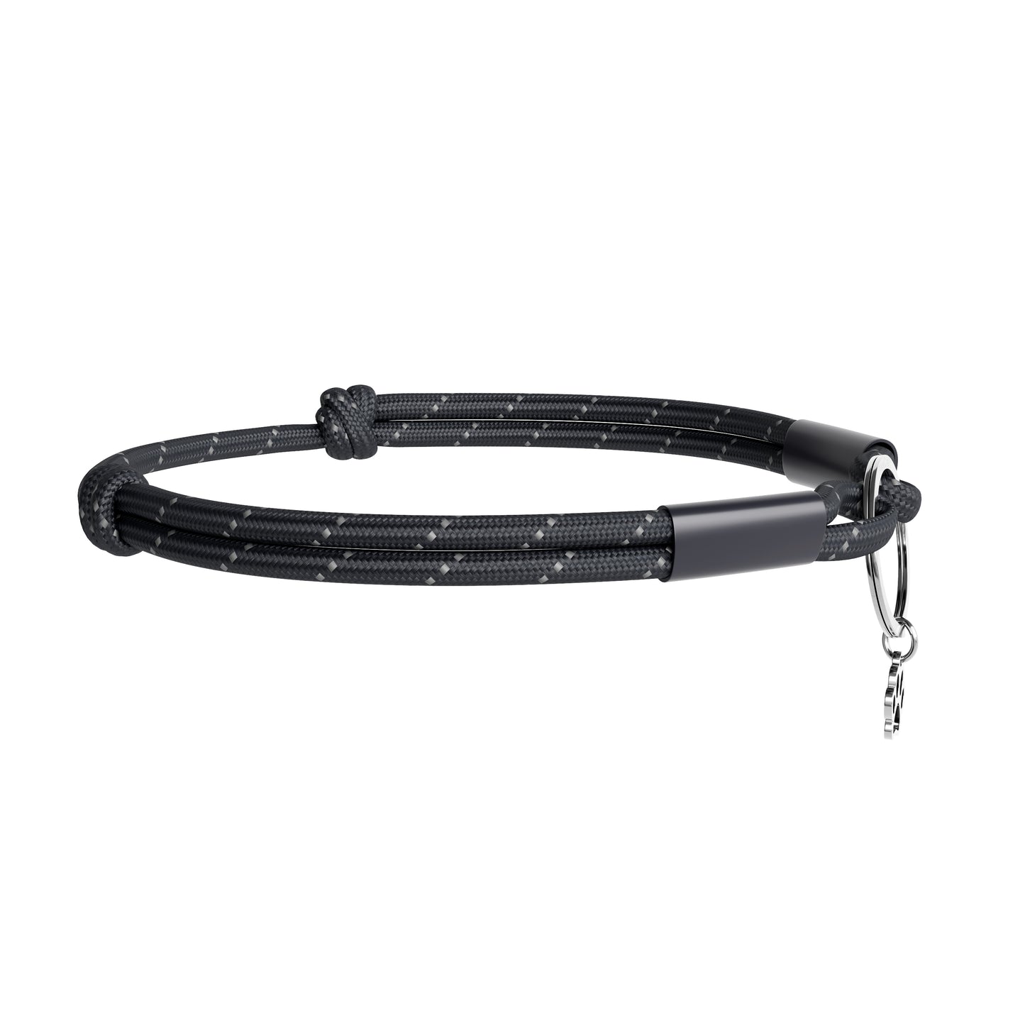Black lreflective dog collar with metal clip on a white background